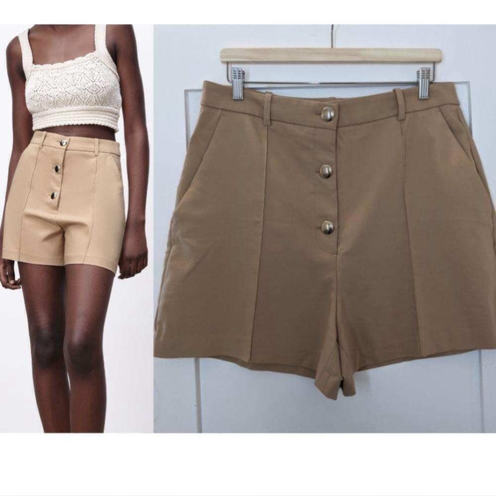 Zara | High Waisted button front shorts in tan
